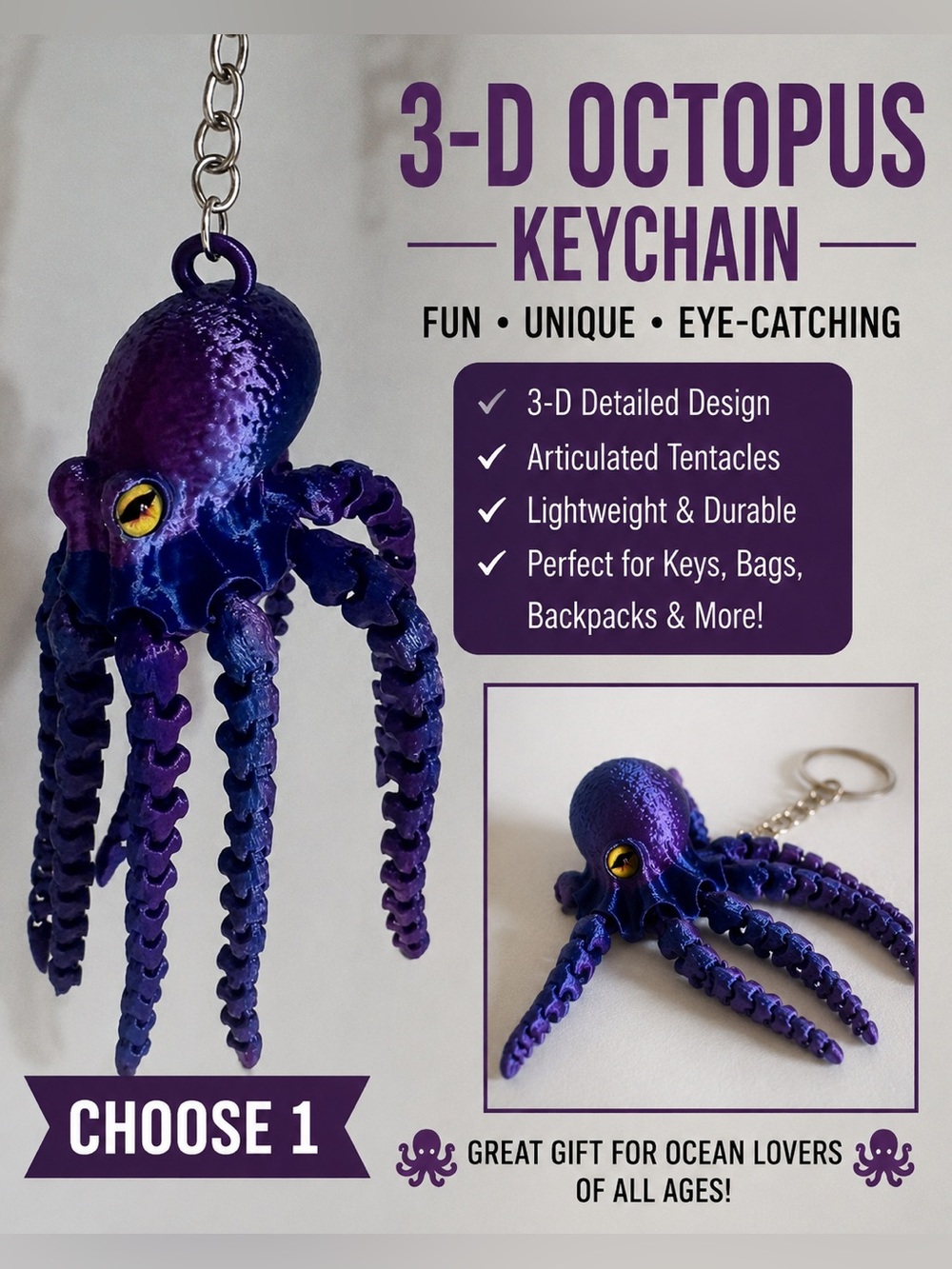 3-D Print Purple Octopus Keychain Charm with Yellow Eye